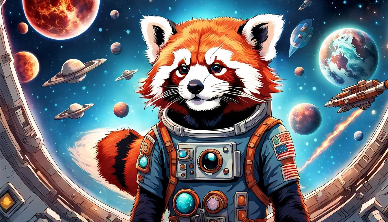 Red Panda in Tattooed Spaceship, Digital Art