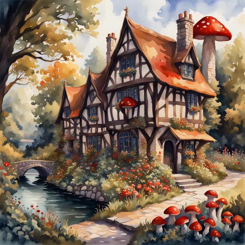 Gothic Cottagecore Restaurant in Dark Fantasy Watercolor