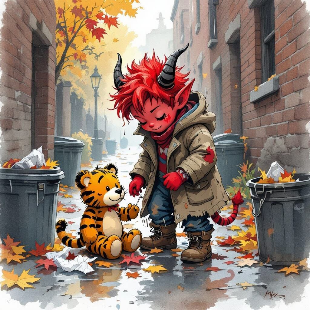 Tiefling Child and Hobbes in Watercolor Style