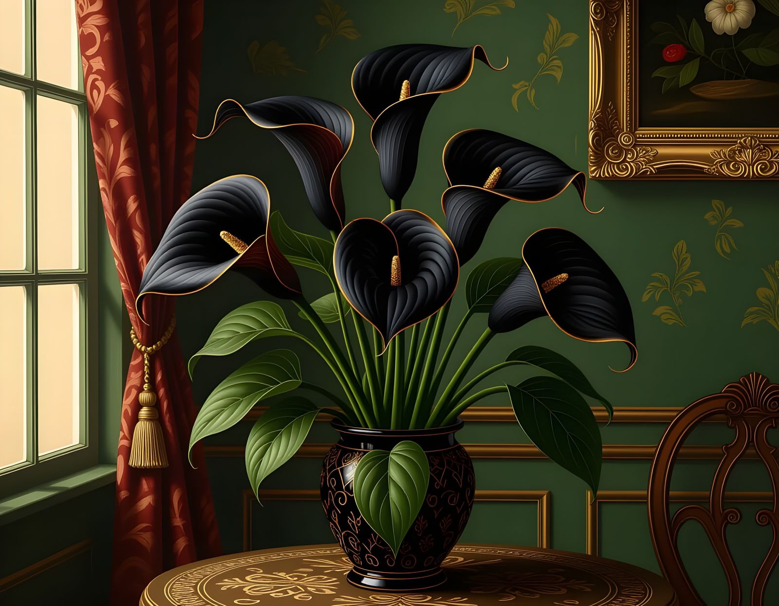 Baroque Still Life: Black Calla Lilies in Oil