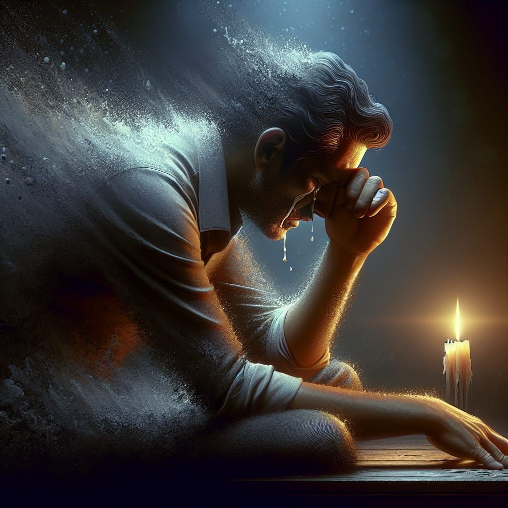 Dramatic Splash Art of Man Grieving by Candlelight