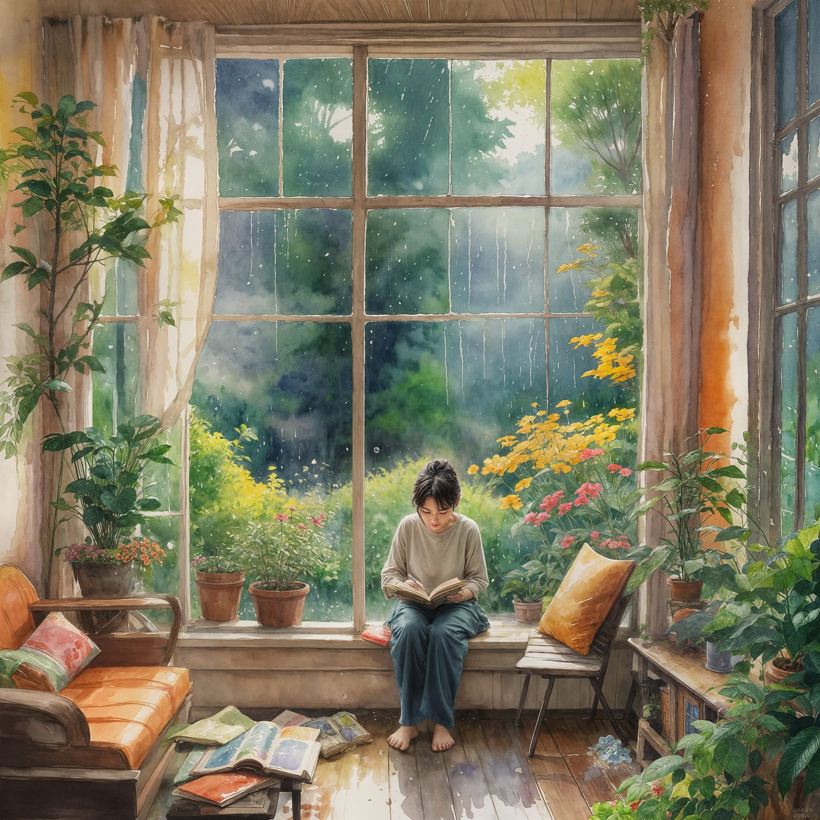 Ghibli Watercolor: Rainy Sunday Afternoon at Home