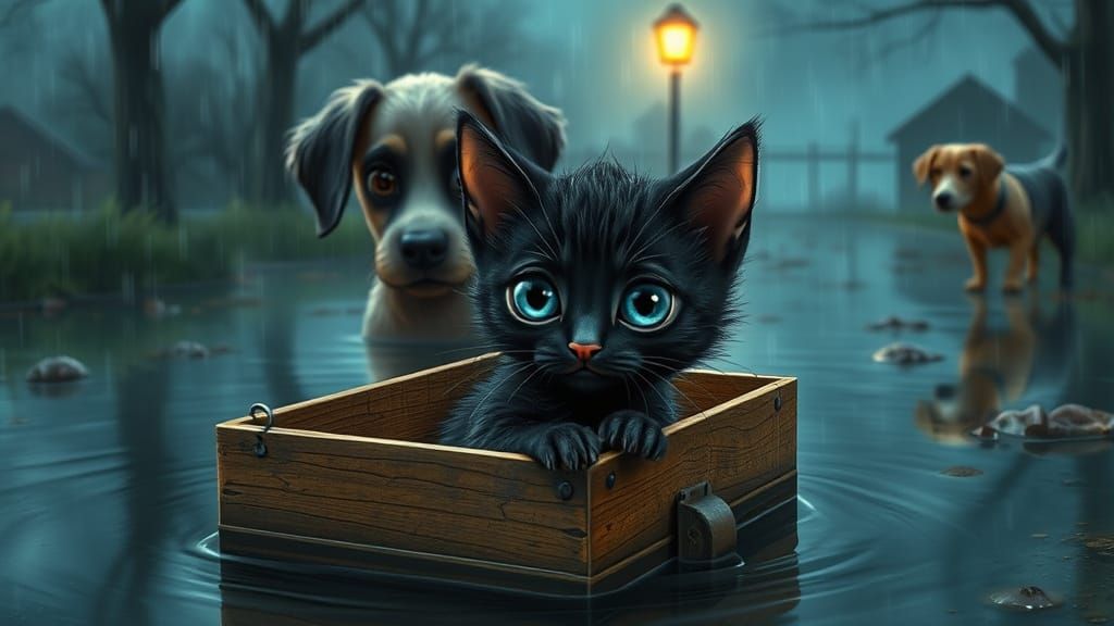 A Tiny, Melancholic Duo Under the Rainy Night Sky