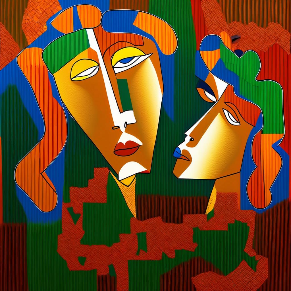 Mother and Daughter in Vibrant Cubist Harmony