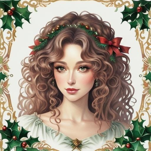 Christmas Fairy Portrait in Romantic Watercolor Style