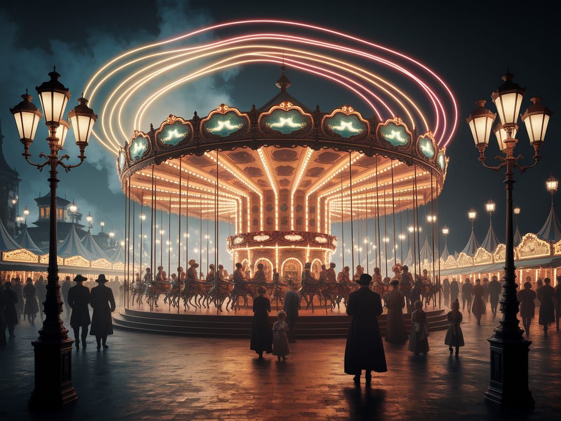 Victorian Fairground Carousel in 19th Century London Park