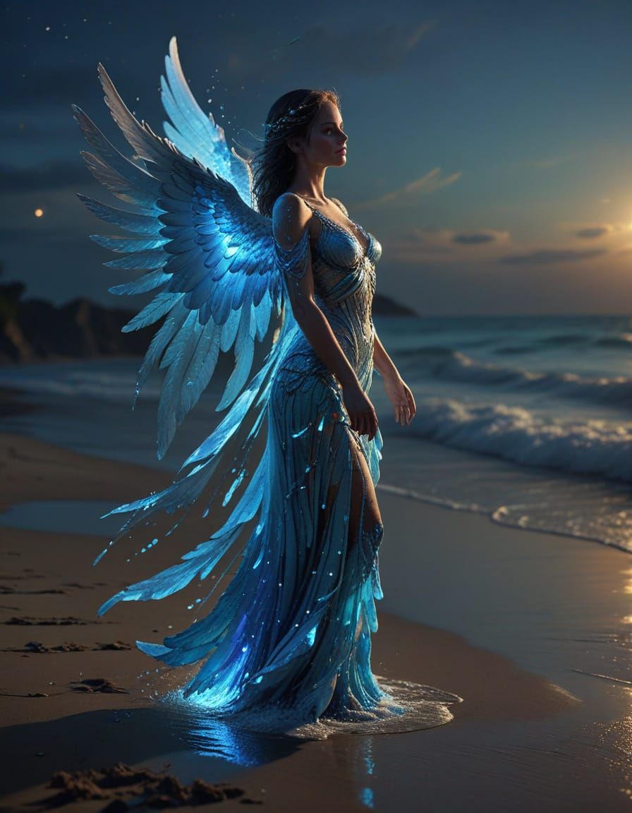 Breathtaking Angel on Beach at Night