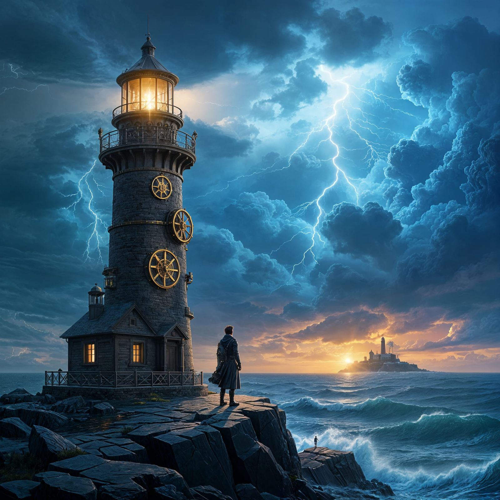 Lighthouse Keeper Gazes at Stormy Sea Near Clockwork City