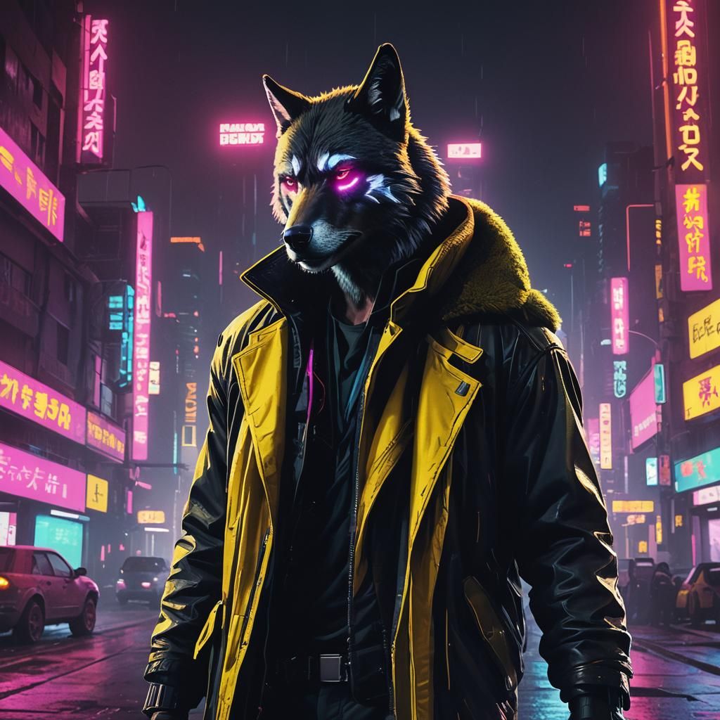 Cyberpunk Wolf-Man in Neon Cityscape