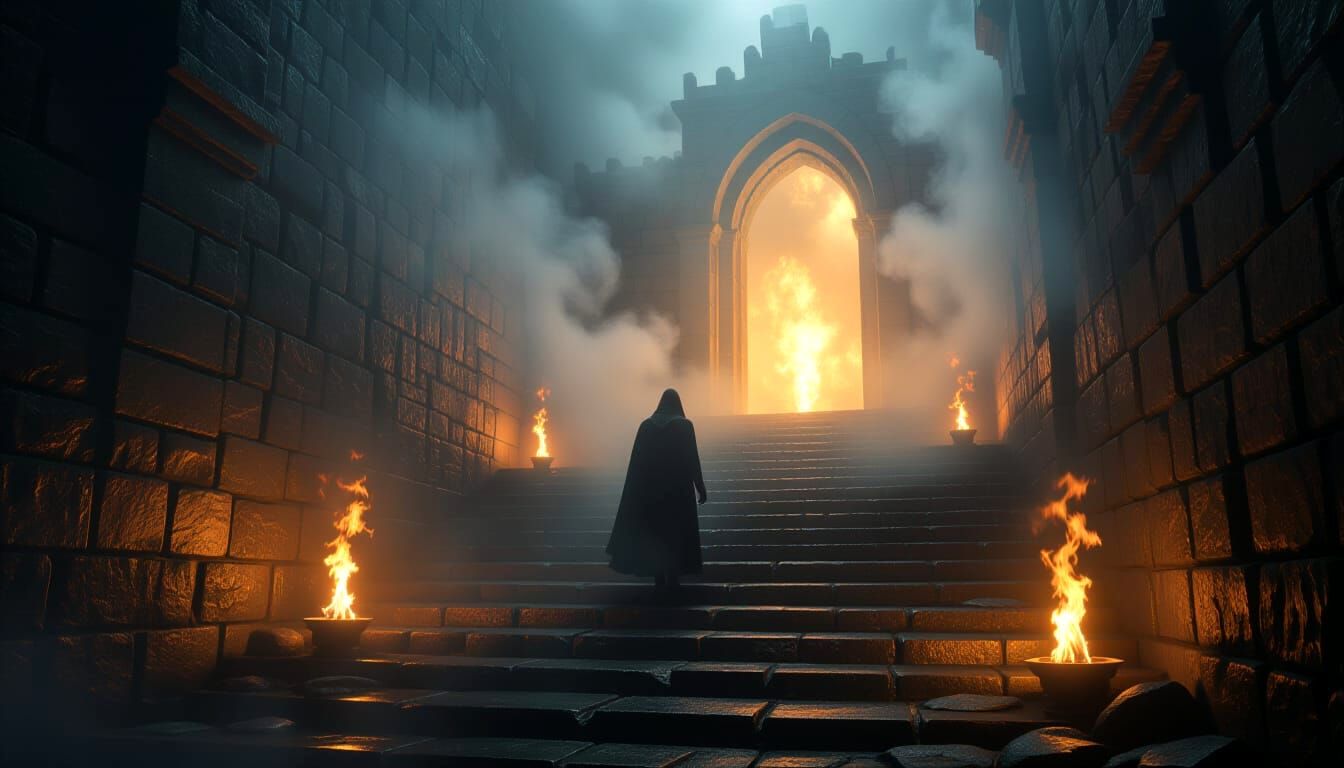 Figure Descends Fiery Staircase to Bright Portal