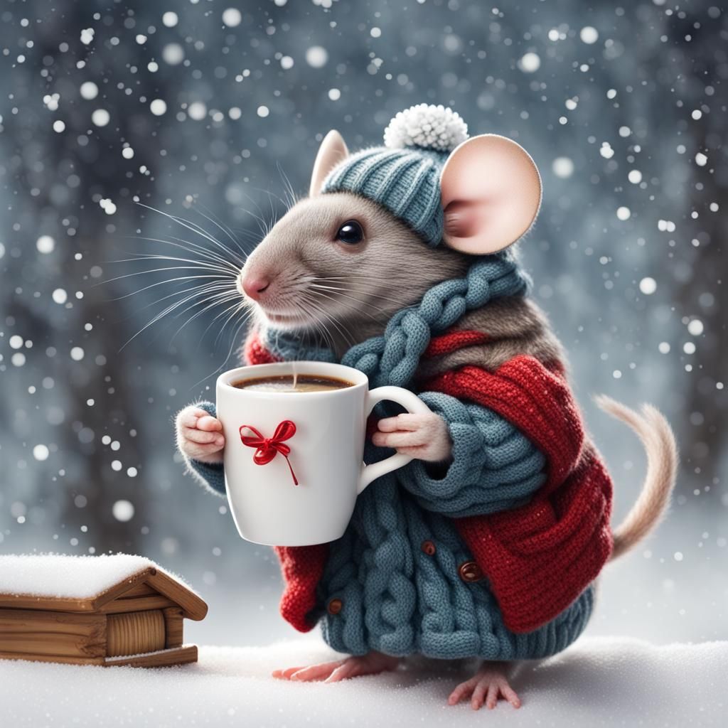 Mouse with Coffee Enjoying a Winter Snowfall