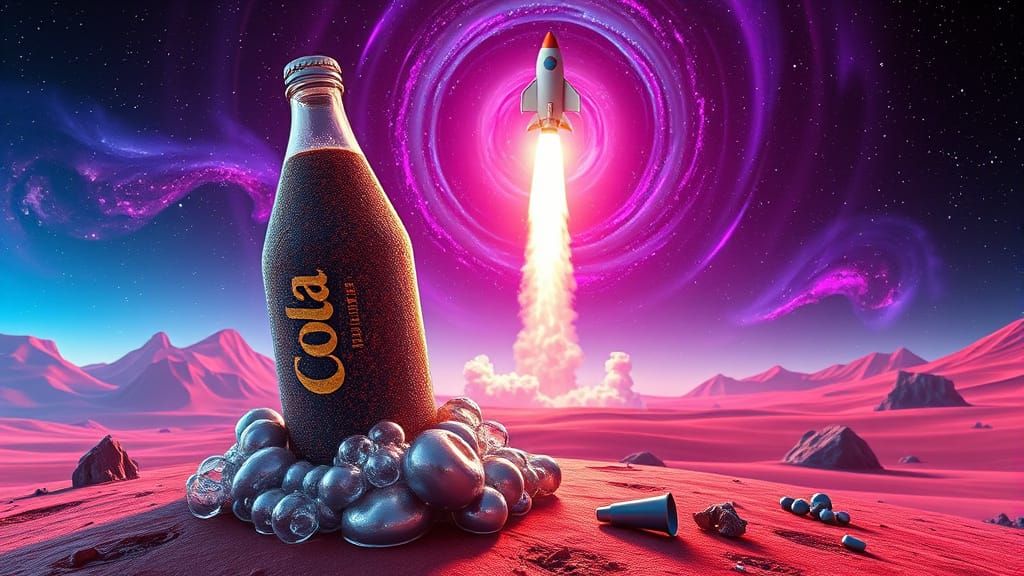 Cola Bottle on Alien Planet in Art Nouveau Style
