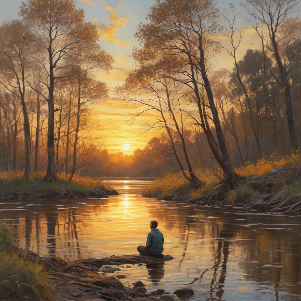 dreamy river bank at sunset watercolor