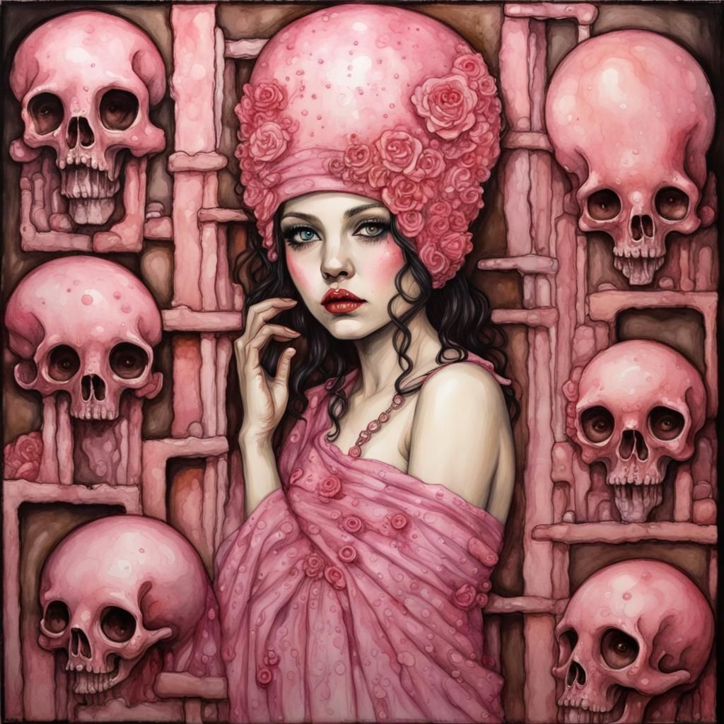 encaustic watercolor, cel-shaded, cute pink myconid ancient catacombs, (Brian Viveros:0.5), Gustav Klimt