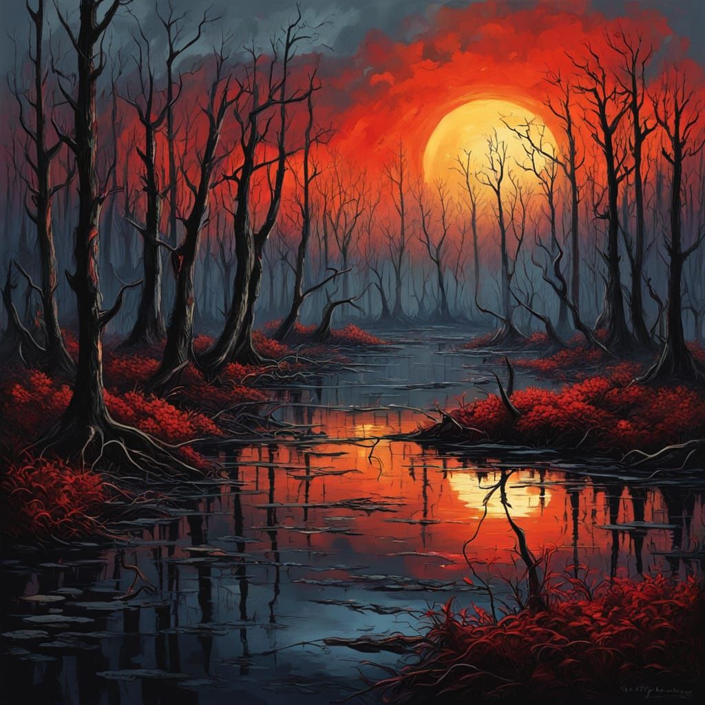 Desolate Swamp Under Fiery Sky In Oil Painting Style