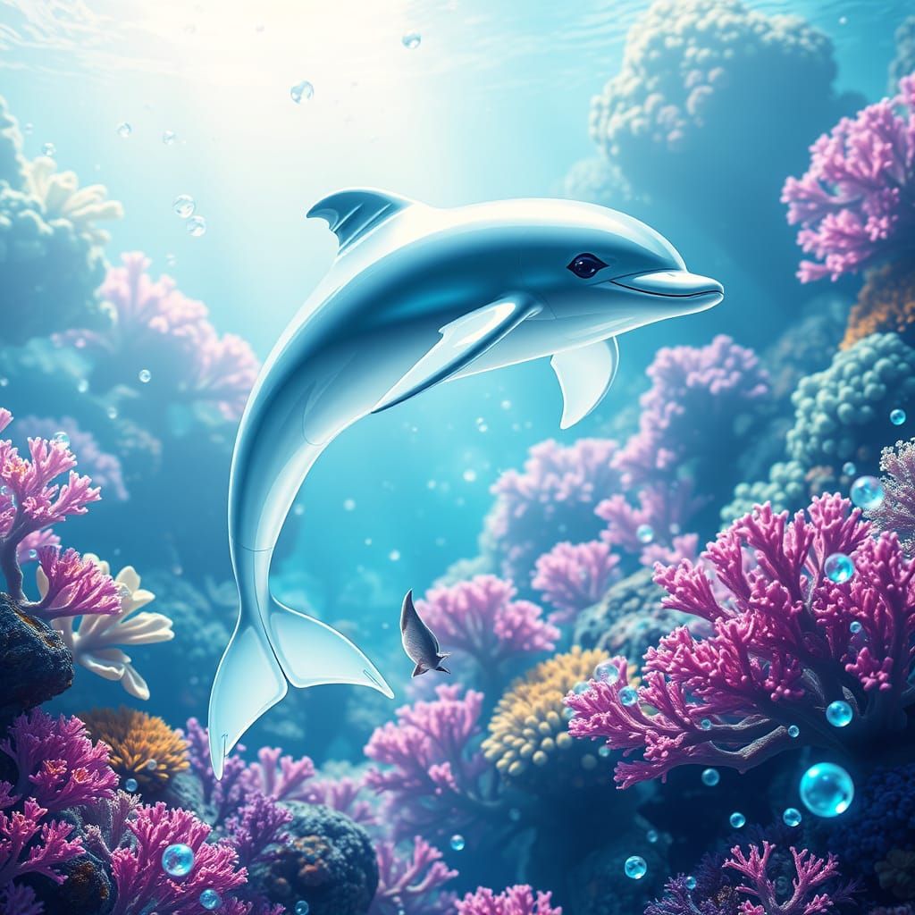 Futuristic Dolphin Leaping in Bioluminescent Frutiger Aero O...