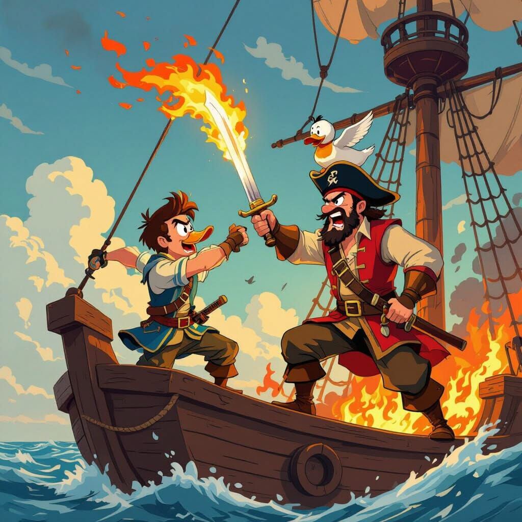 Young Hero Battles Pirate Captain on Burning Ship