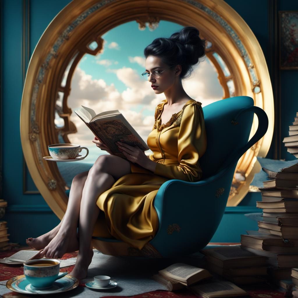 Woman Lounging in Teacup: Surreal Hyperrealistic Collage