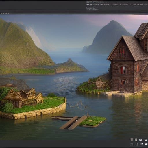 Floating Island Hamlet: 3D Rendered Fantasy Art