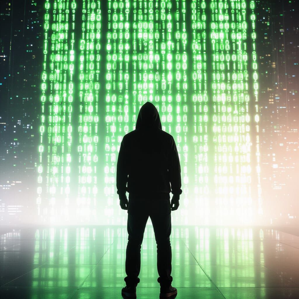 Hacker in Silhouette Against Binary Code Wall