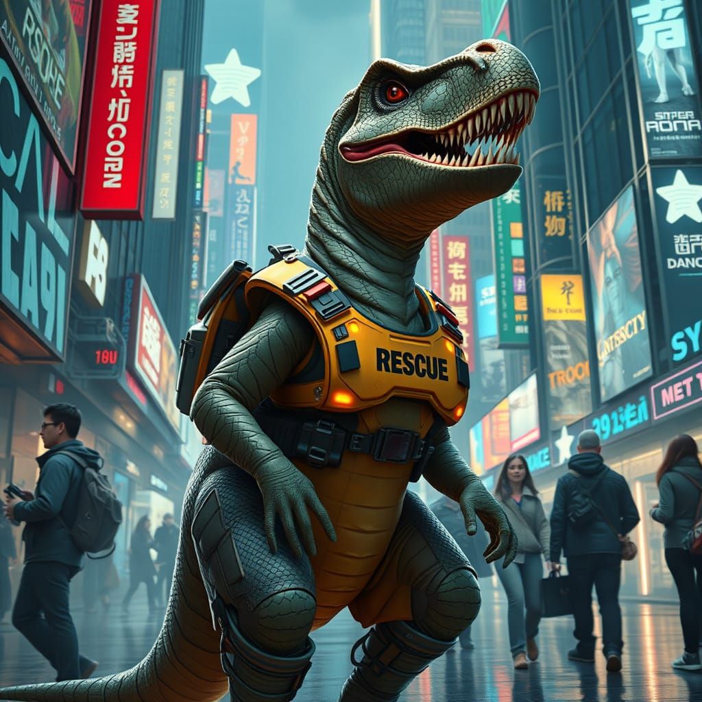 Dinosaur Rescuer in Cyberpunk Cityscape