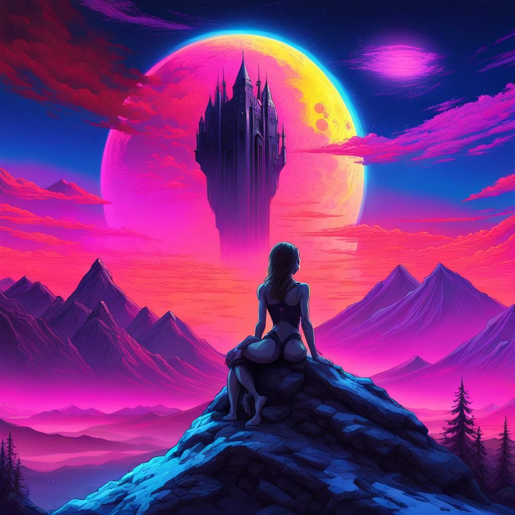Neon Alien Portrait with Snowy Mountain Peaks