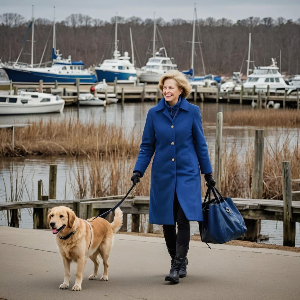 Woman Walks Golden Retriever Near Chesapeake Bay