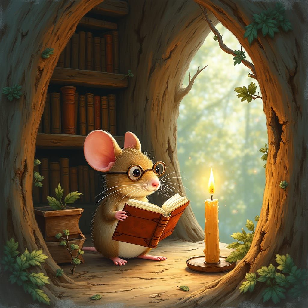 Mouse Reading Book in Cozy Tree Library