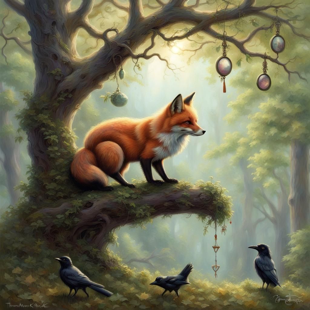 Fox and Crow with Mirror in Ethereal Style