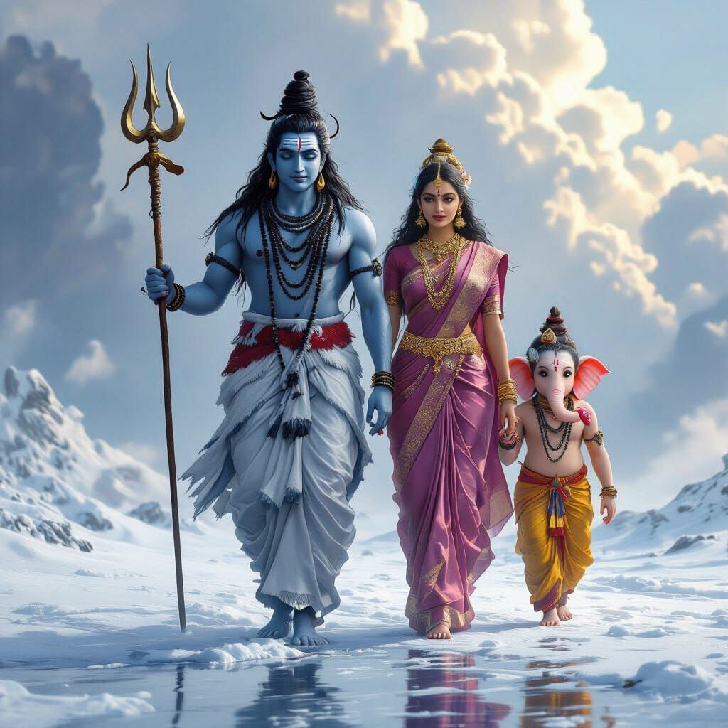 Shiva, Parvati, and Ganesha: Divine Walk