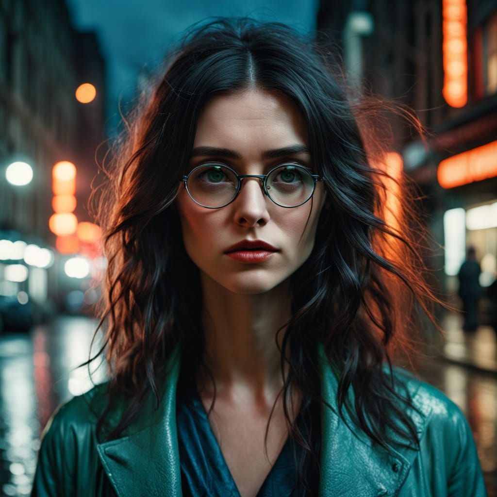 Woman in Red Glasses on Rainy City Street
