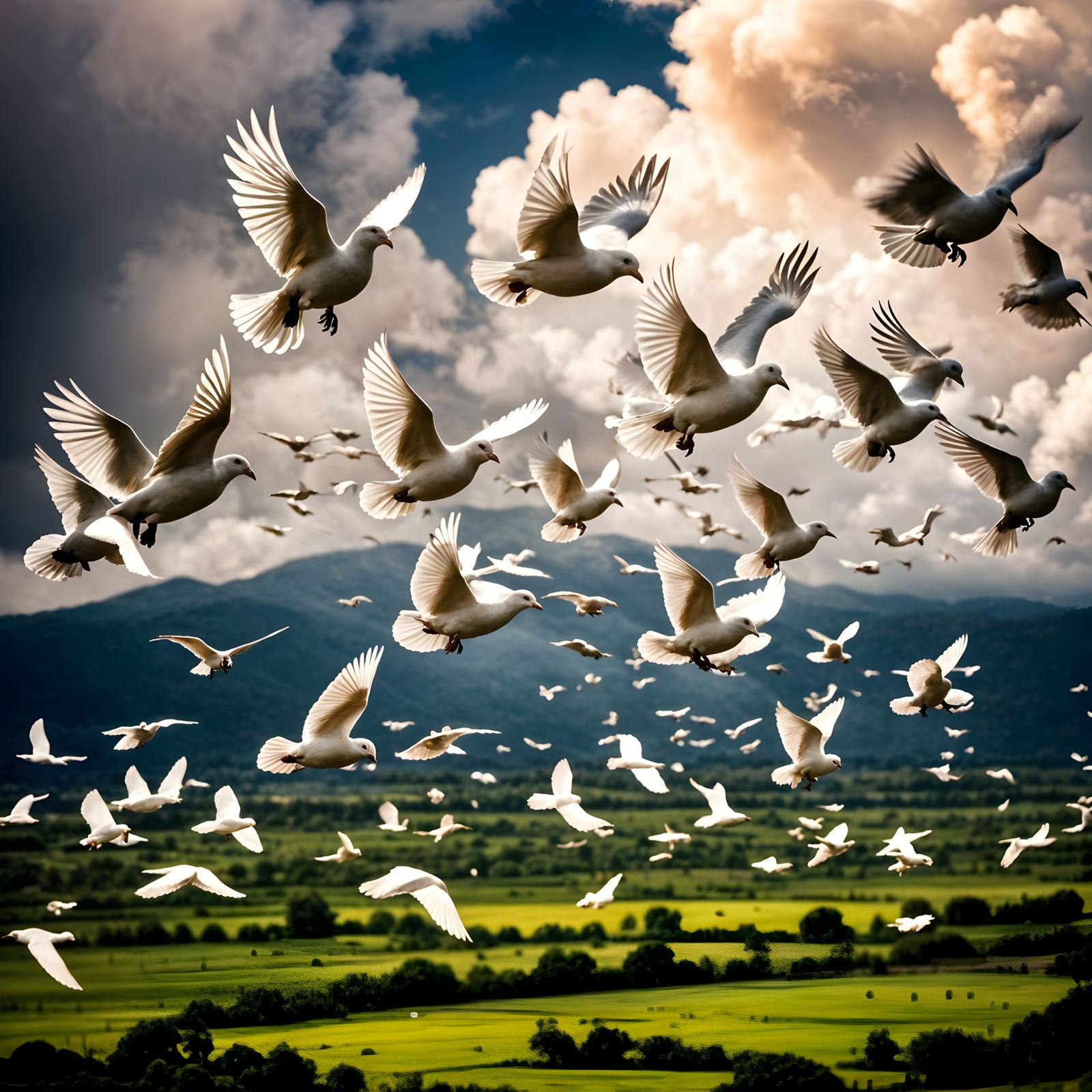 Surreal Flock of White Doves Amidst Dark Clouds