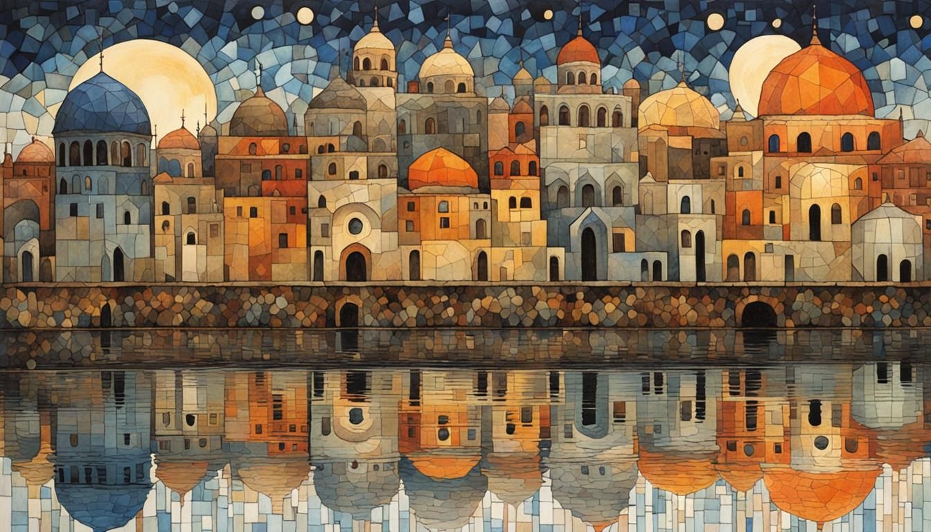 Cosmati Mosaic of Domed City Reflected at Night