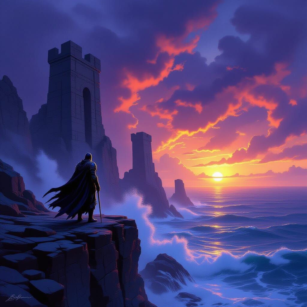 Epic Knight Overlooks Ancient Ocean Ruins in Stormy Concept ...