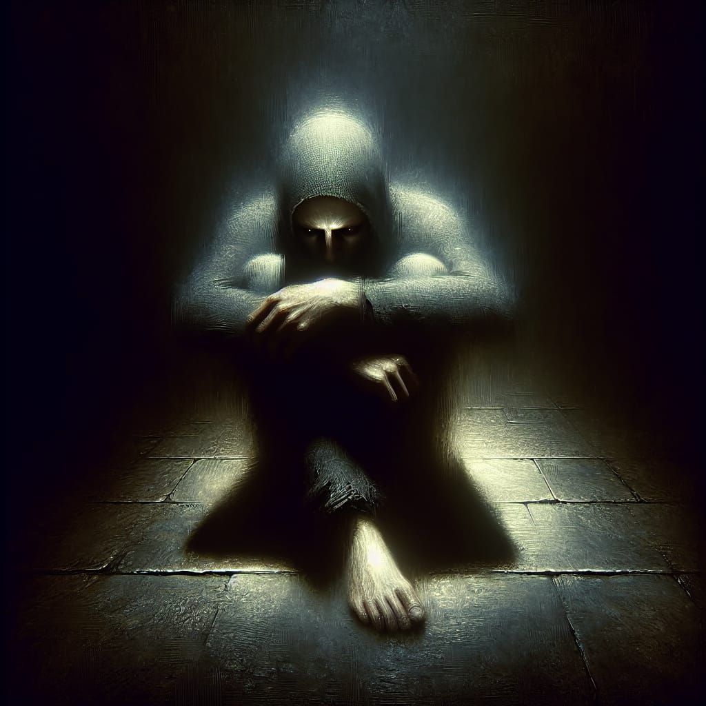 Dejected Figure Kneeling in Shadows: A Dark Surreal Oil Pain...