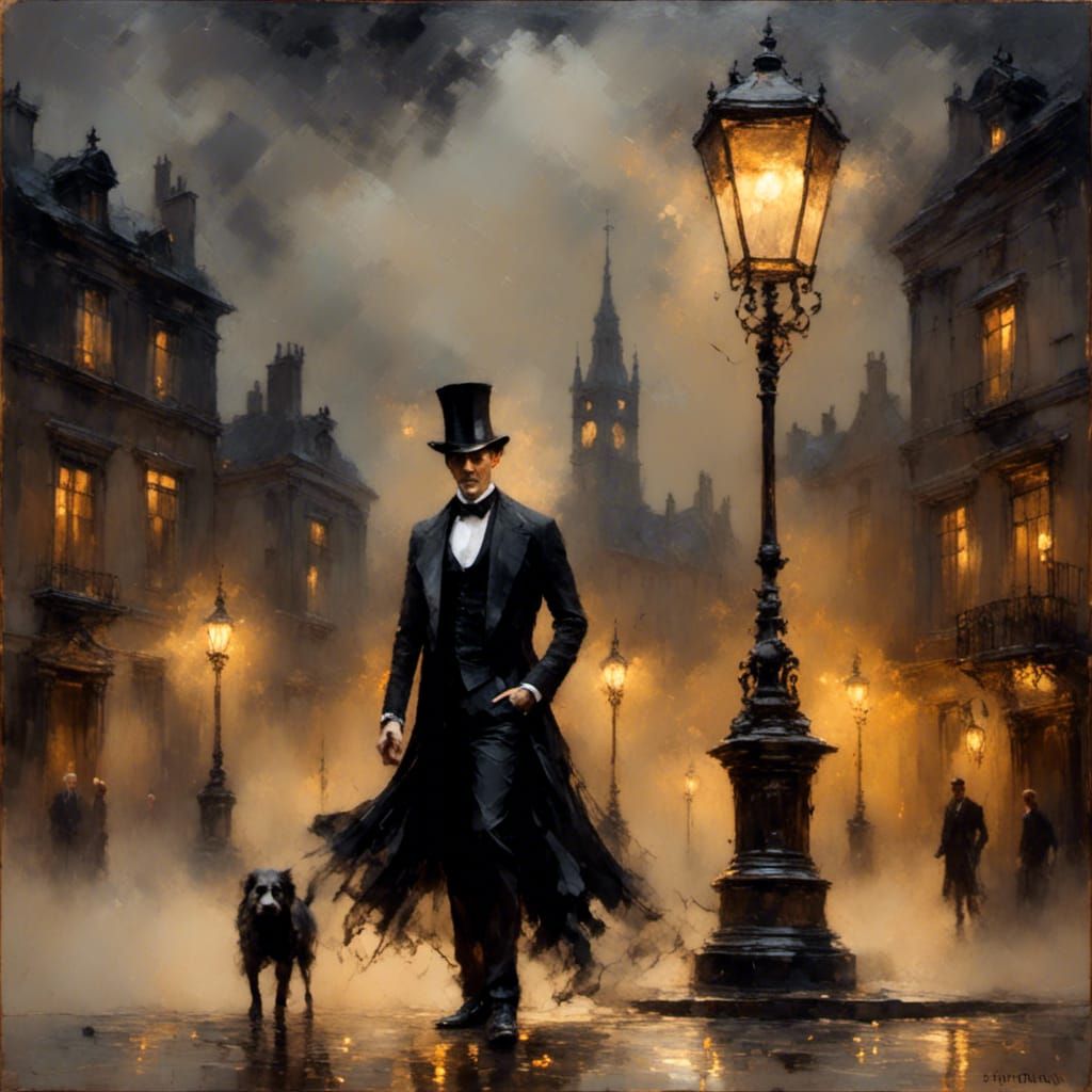 Elegant Man in Foggy Whitechapel, as Gothic Oil Painting