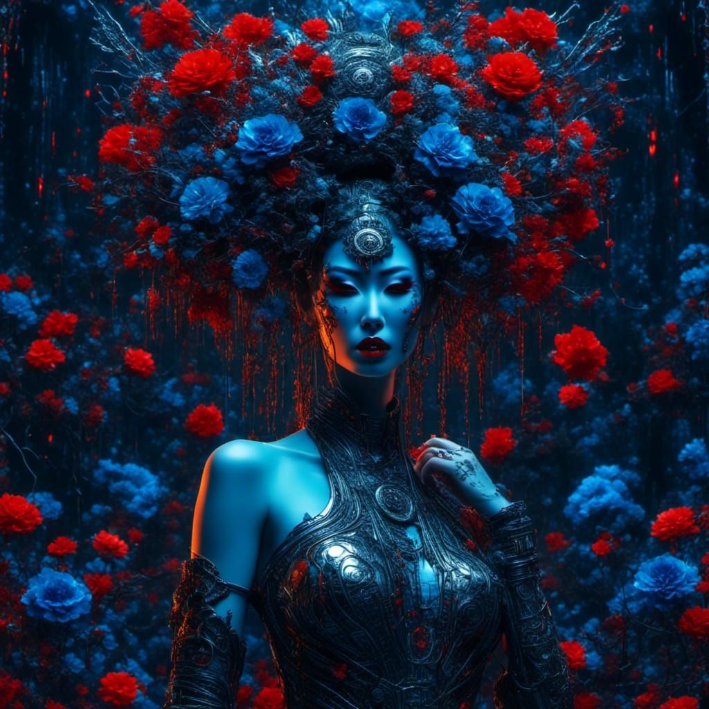 Cyberpunk Geisha in Neon Rain, Collage Art