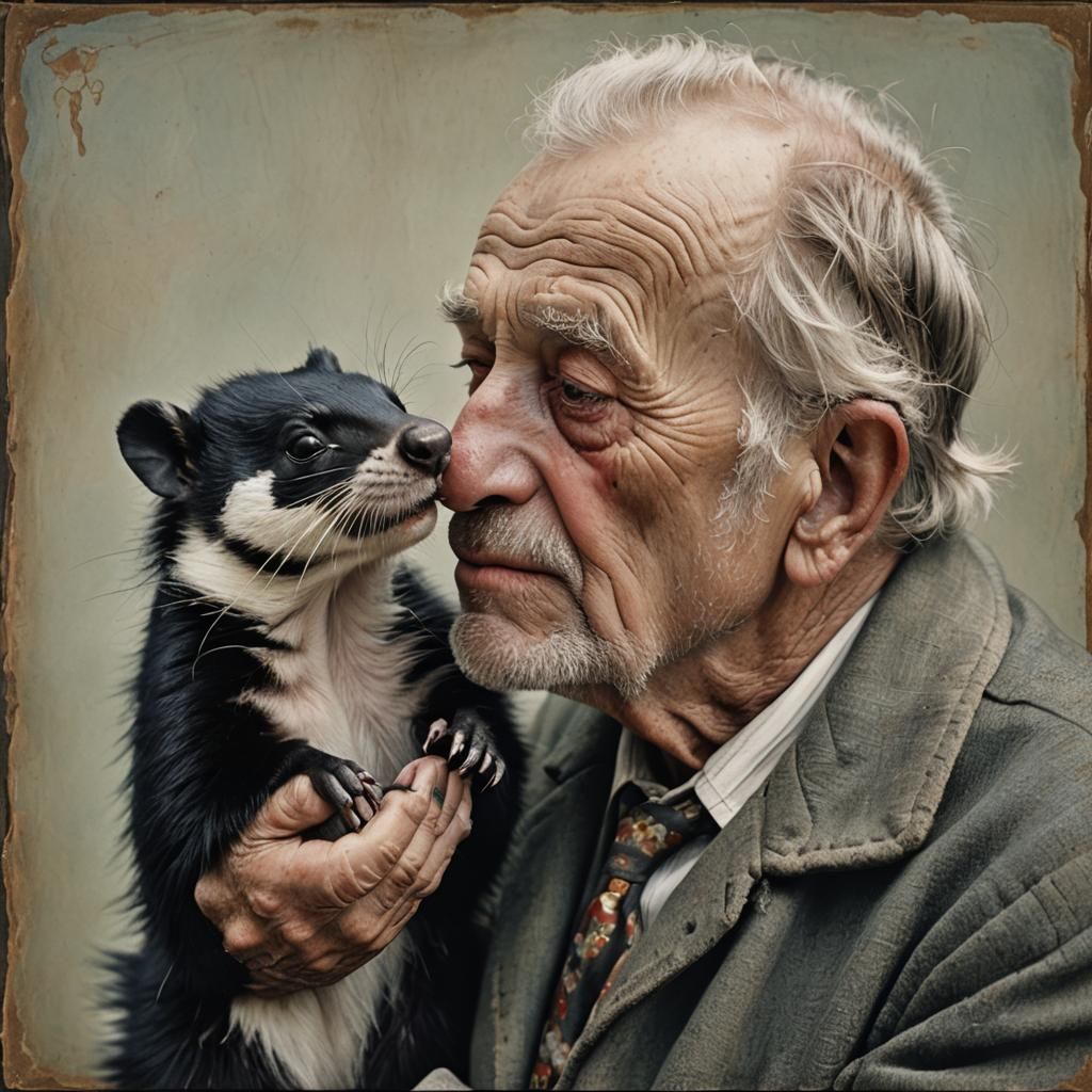 Old Man Kissing Skunk: Photorealistic Fine Detail
