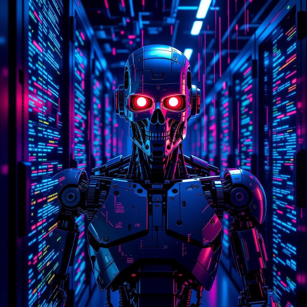 Glitching Robot on Server Rack in Cyberpunk Style