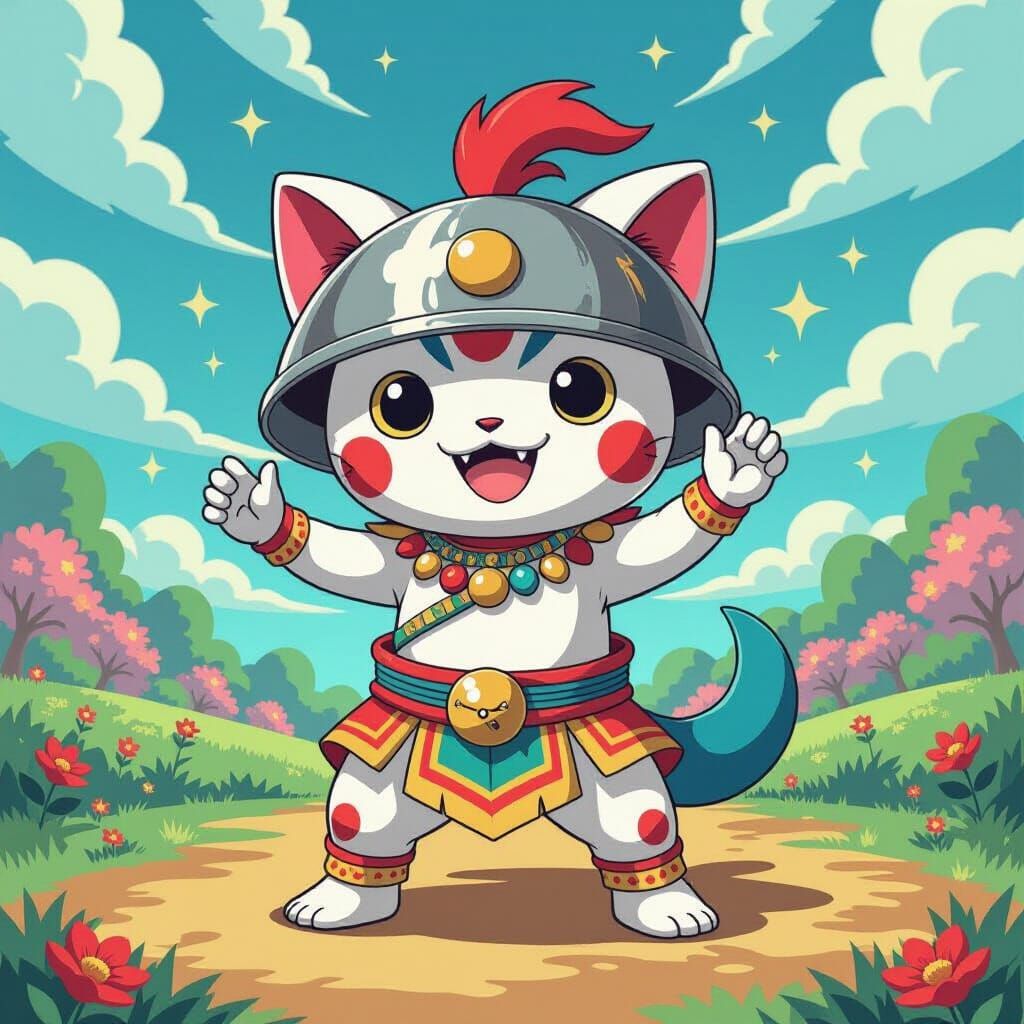 Mischievous Yo-kai with Pan Helmet in Whimsical Landscape