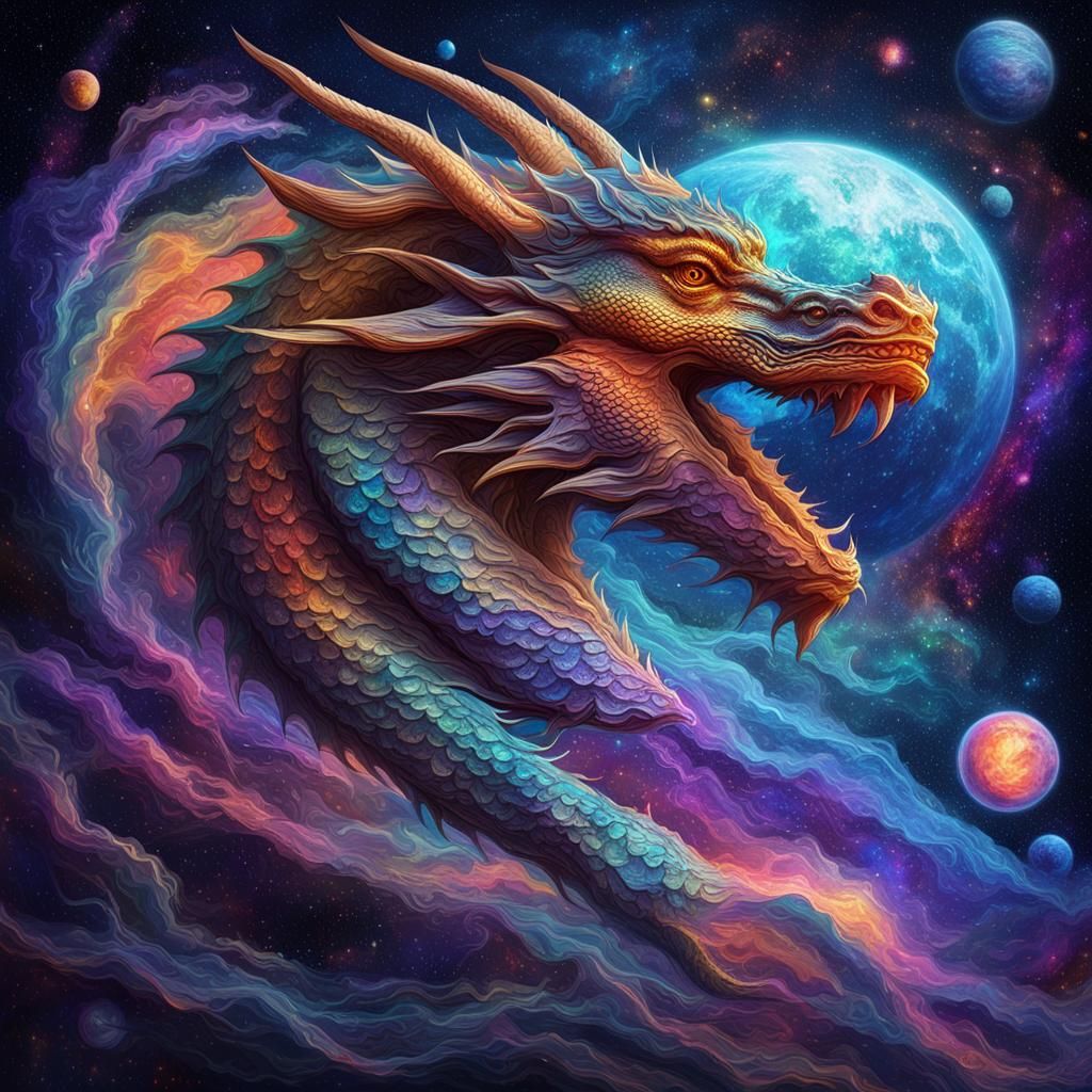 Cosmic Dragon in Space: Holographic Astral Illustration