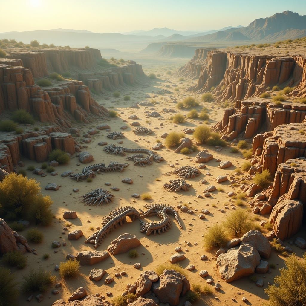 Ancient Dragon Skeletons in Desert Basin at Dusk