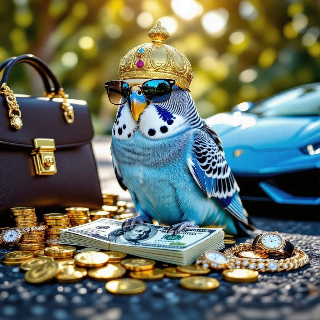 Wealthy Budgie Surrounded by Gold and Luxury