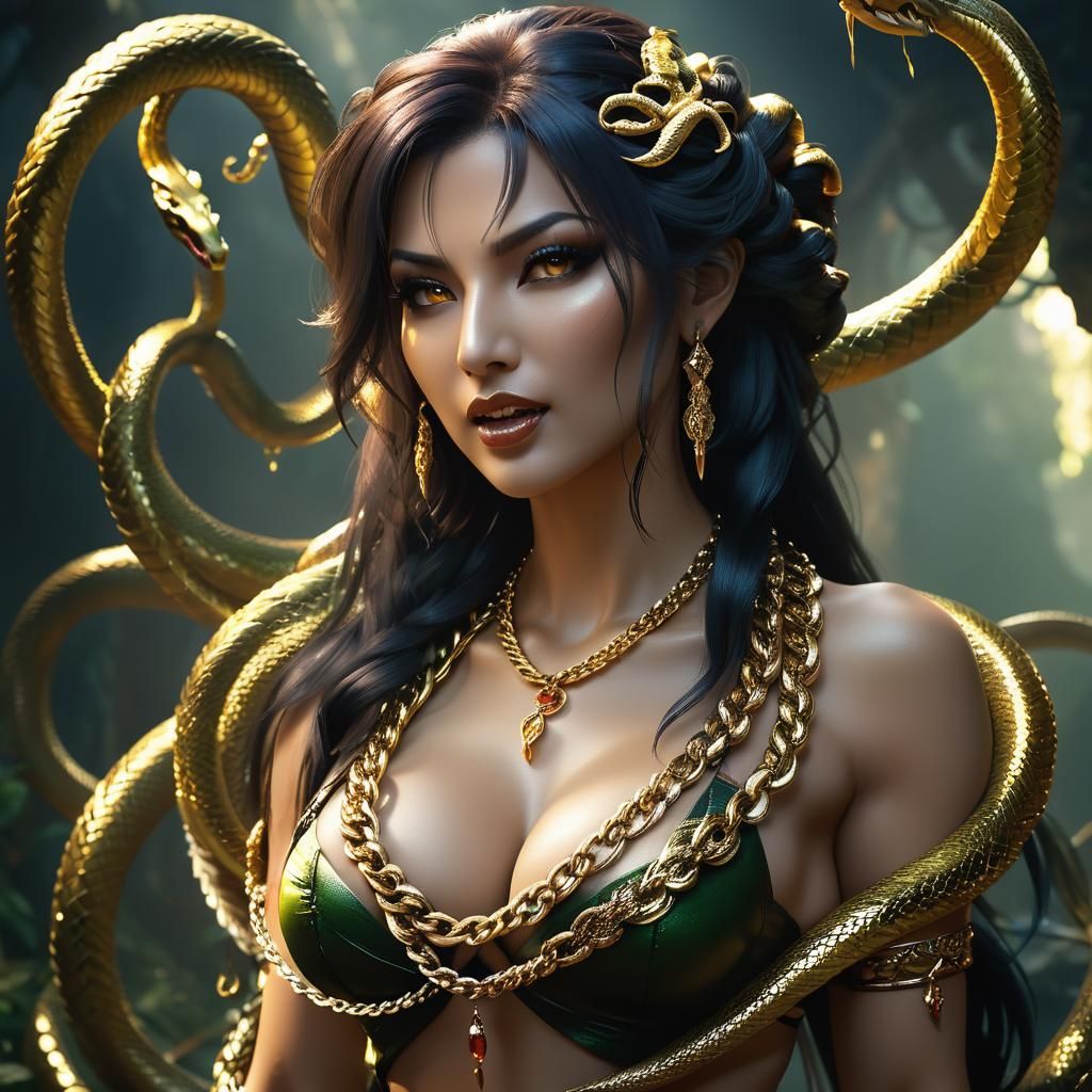 snake tail, an enormous lamia adorned in decorative gold cha...