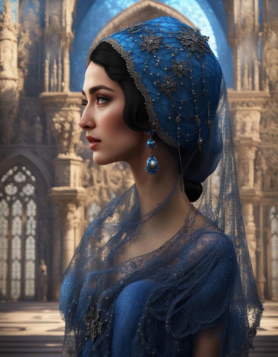 Medieval Style Woman in Blue Ball Gown