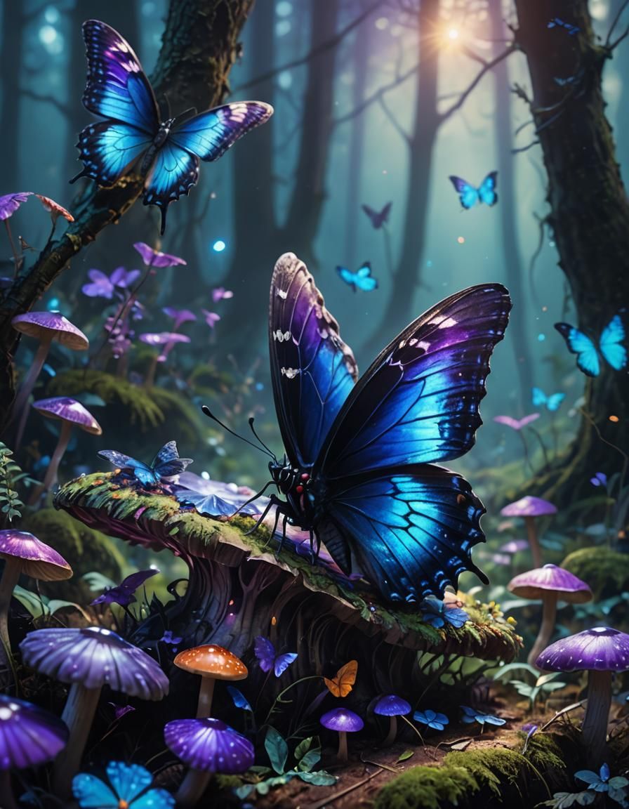 Blue and Purple Butterfly in Magical Forest