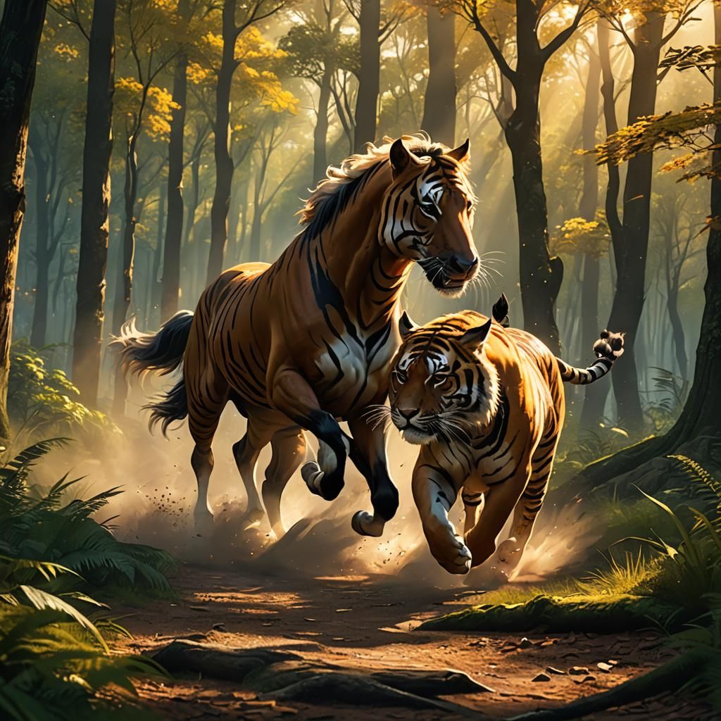 Horse and Tiger Run in Sunlight, Anime-Inspired Digital Art