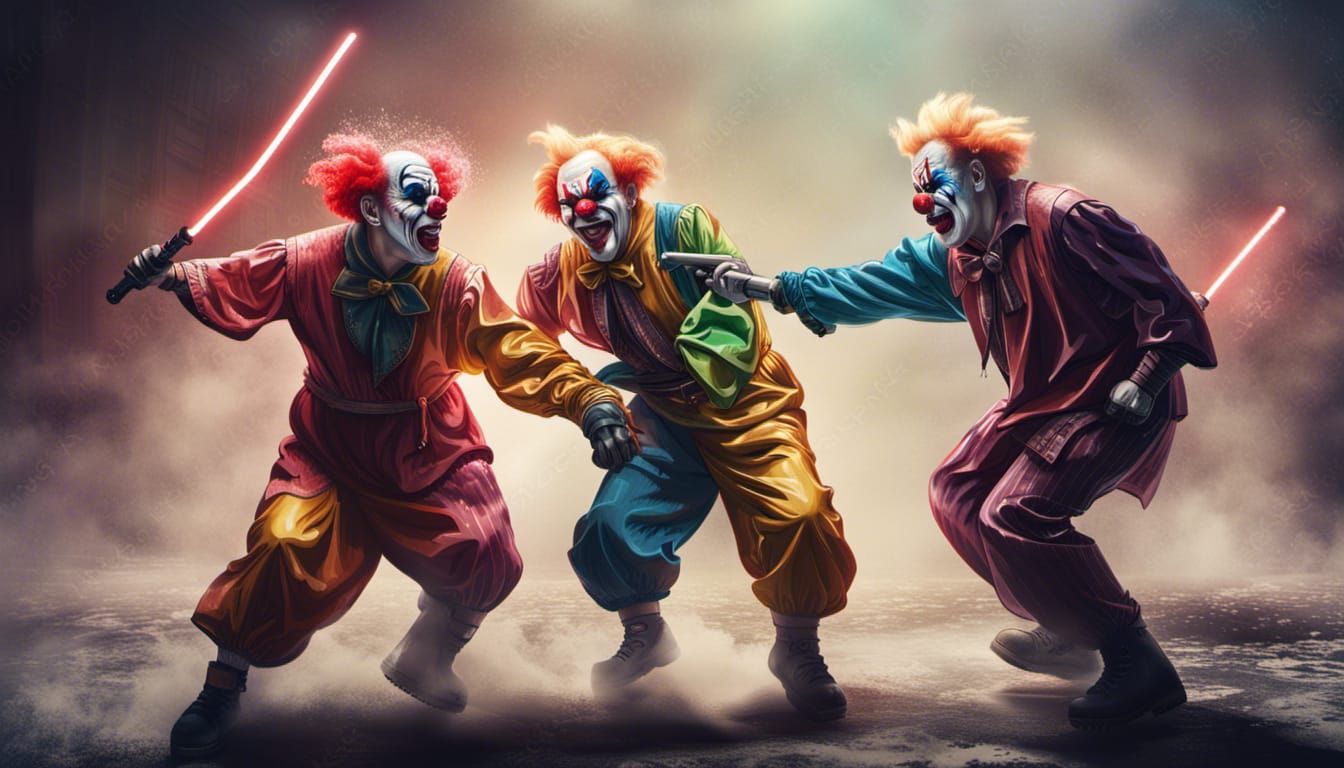 Evil Clowns Battle with Lightsabers: Photorealistic