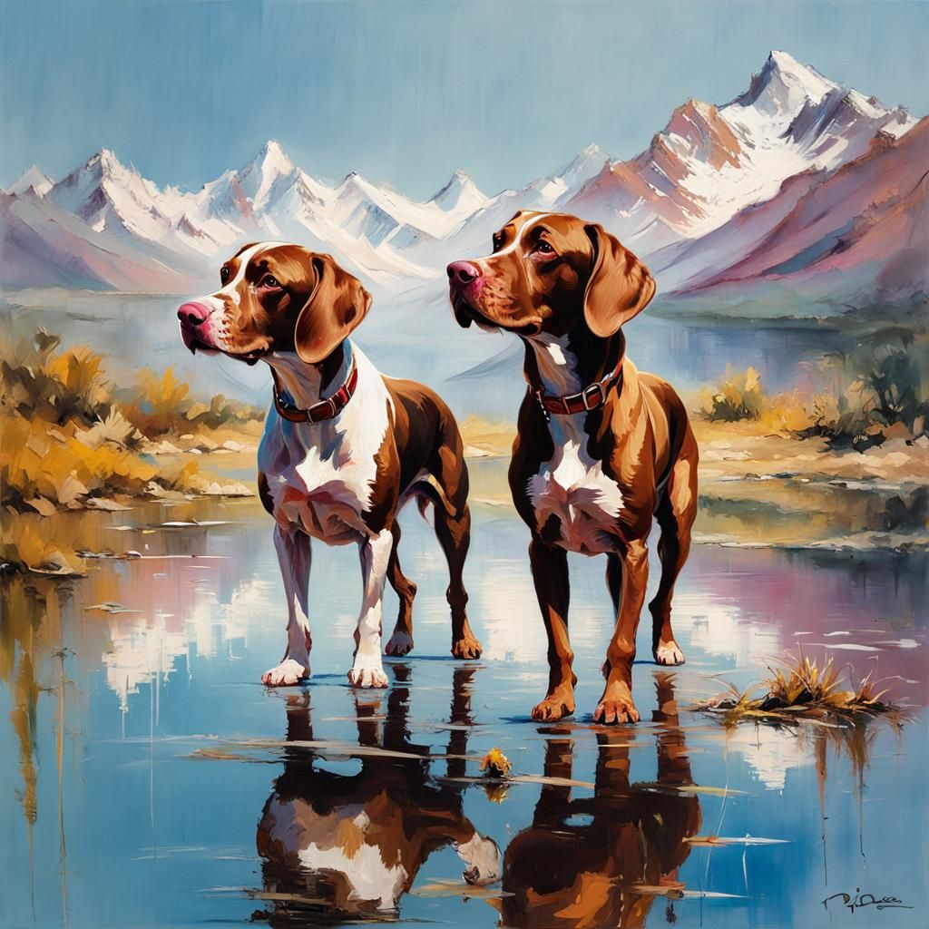 Hungarian Pointers in Lakeside Oil Painting