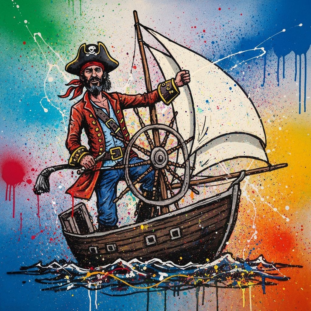 Graffiti Pirate Captain Steers Sailboat in Splash Art Style